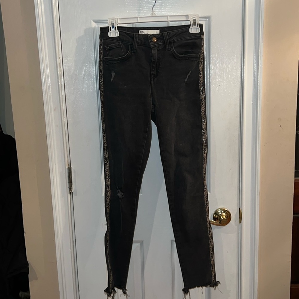 Zara faded black distressed jeans with snakeskin print stripe waist 27 length 36